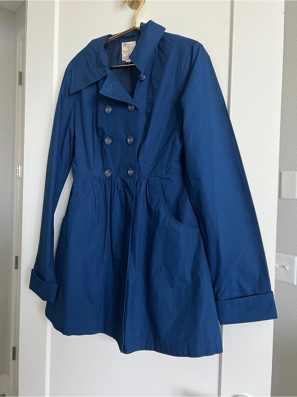 Anthropologie Tulle Royal Blue Double Breasted Cotton Trench Coat Jacket Large - Picture 8 of 16